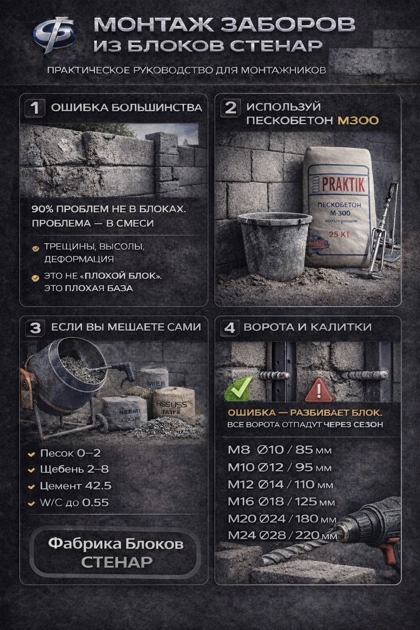 Памятка по монтажу заборов из блоков Стенар